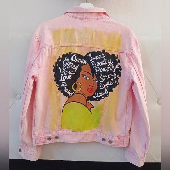 Denim Jacket Hand Painted Levis S Pink New - Picture 12 of 14